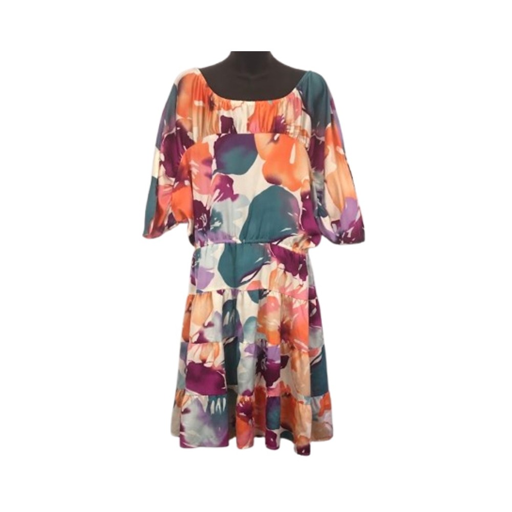 Loft Floral‎ Print Dress Tiered Ruffle Hem Orange Purple Green Women's Size M